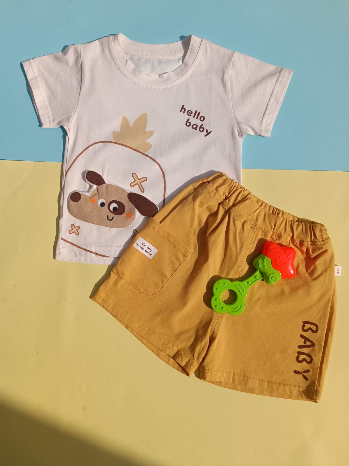 Children's t-shirt with a dog graphic and shorts on a yellow and blue background