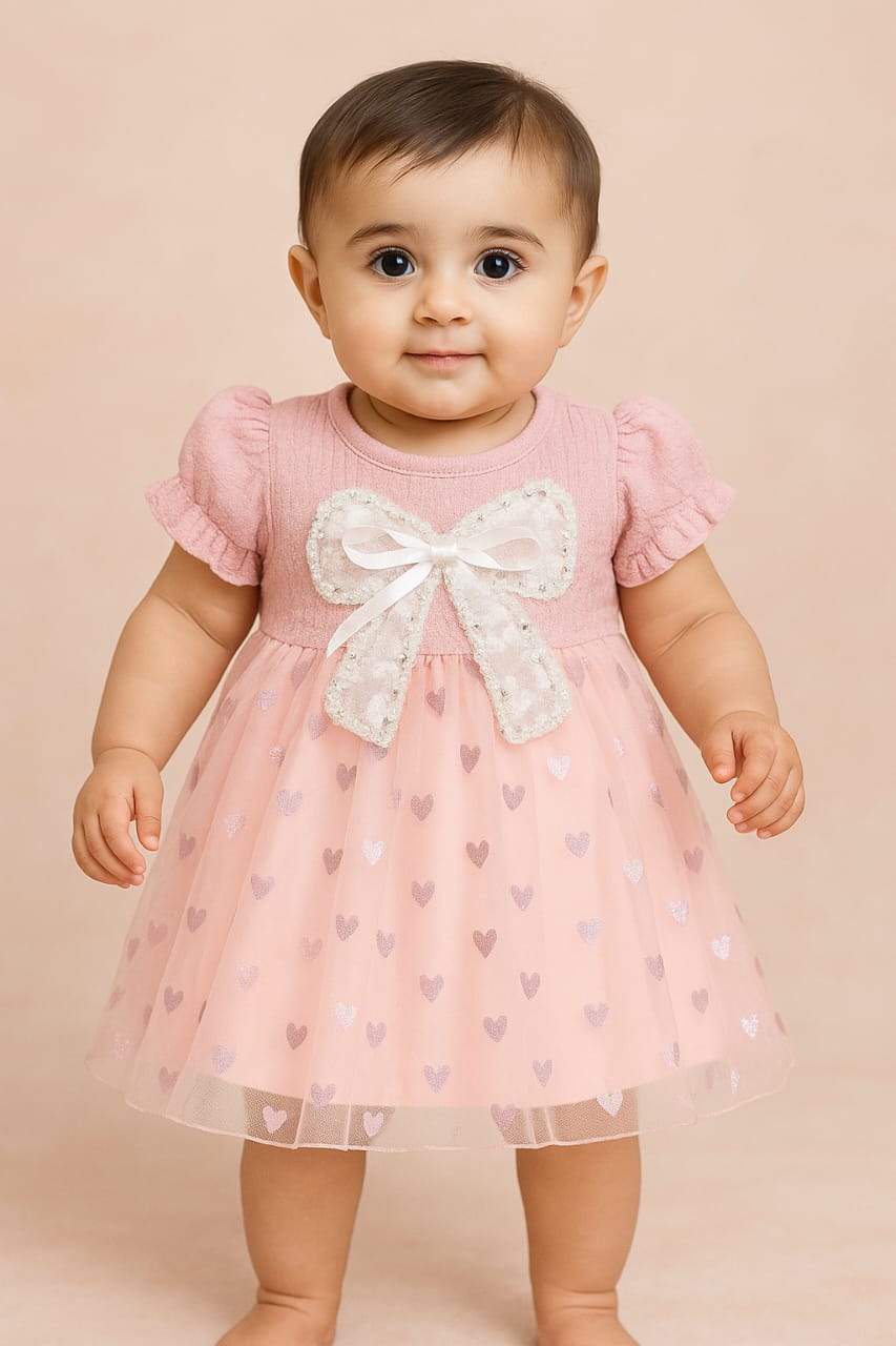 Enchanting Lace Bow Party frock | Pink Heart Tulle Dress for Toddlers