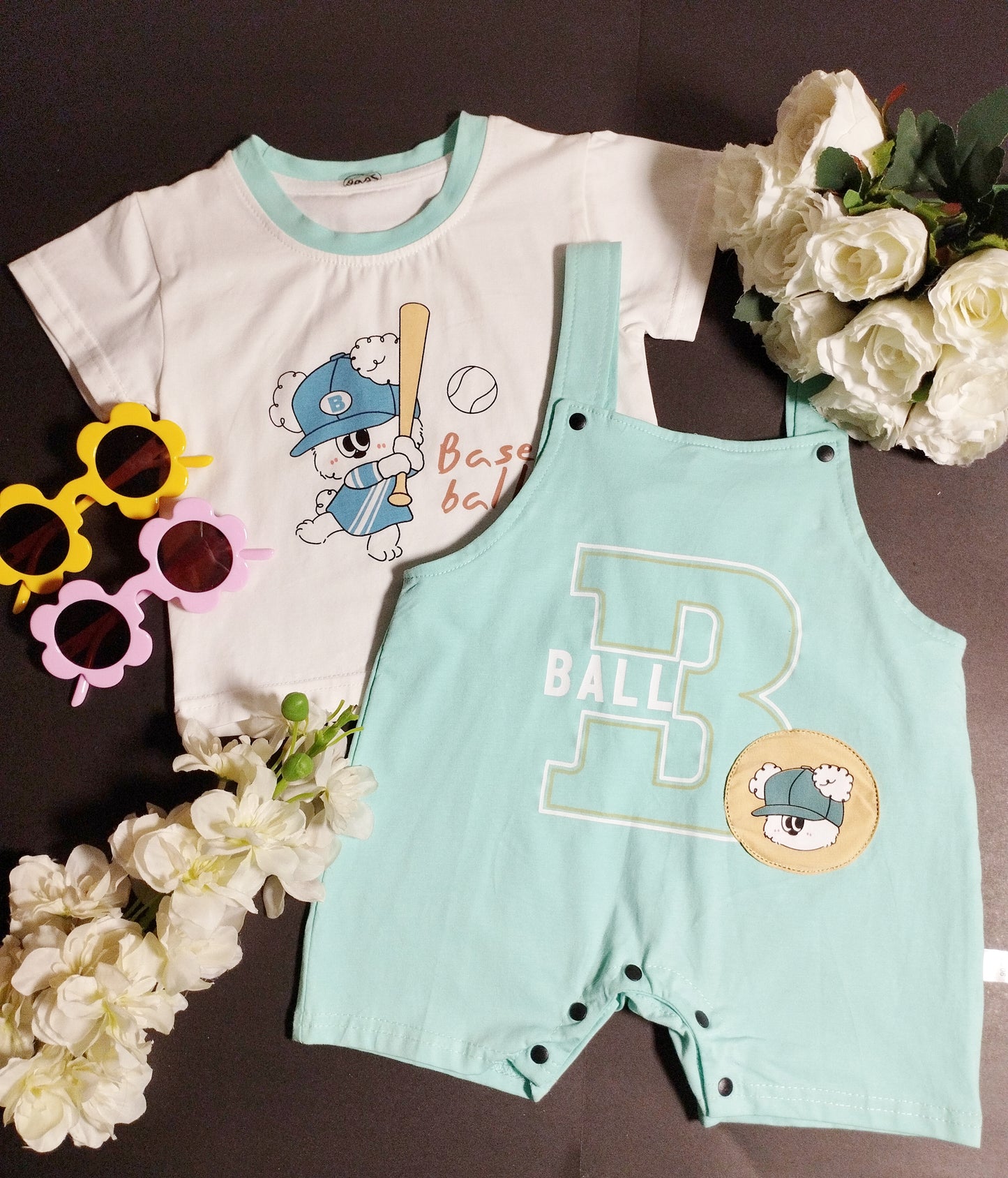 Baseball Bear Overall & Tee Set | Mint Green Shortall Outfit for Babies