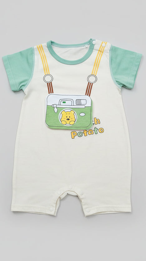 Picture-Perfect "Potato" Bear Baby Romper | Graphic Shortall Outfit green