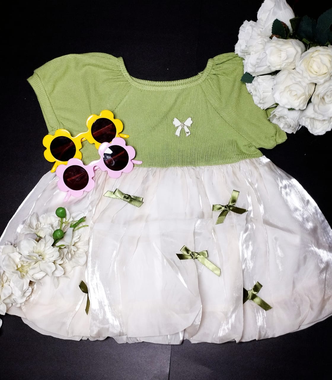 Whimsical Garden Bow Dress | Green Ribbed & Cream Bubble Skirt for Toddler Girls