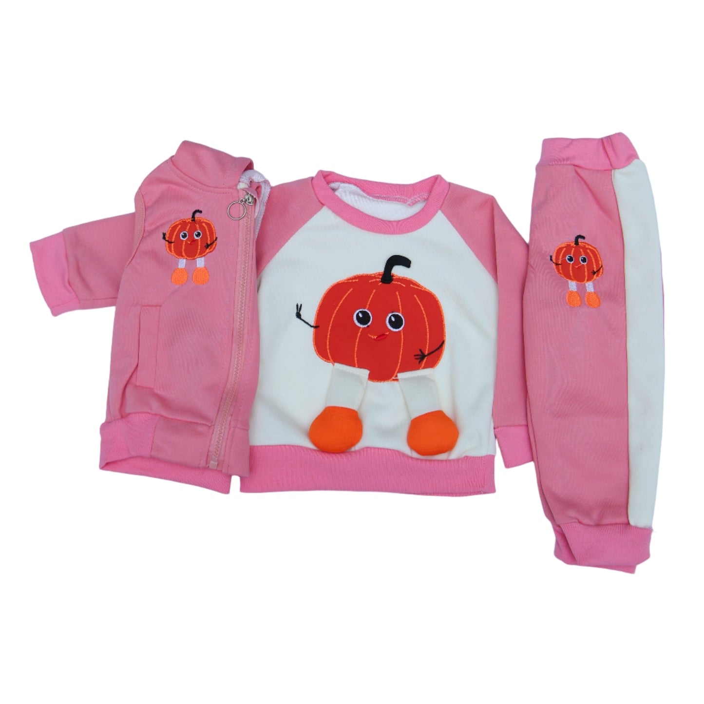 Pink baby outfit with cartoon design on a white background