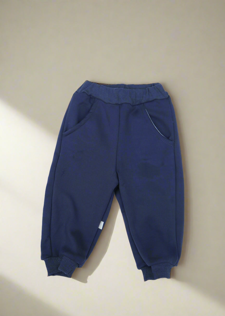 Pair of navy blue pants on a light blue background
