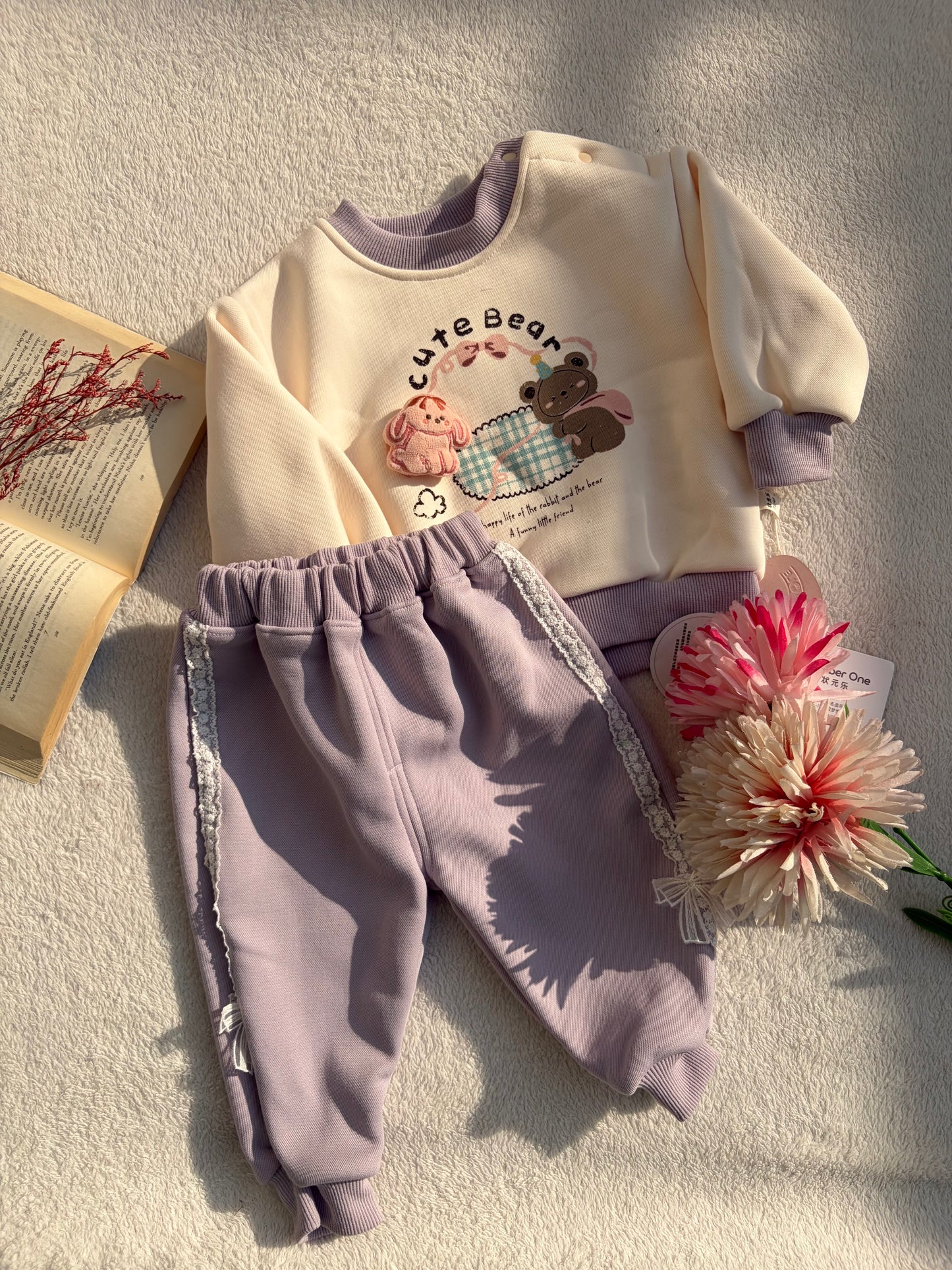 2-Piece Girls Winter Set – White & Purple (3D Cartoon)