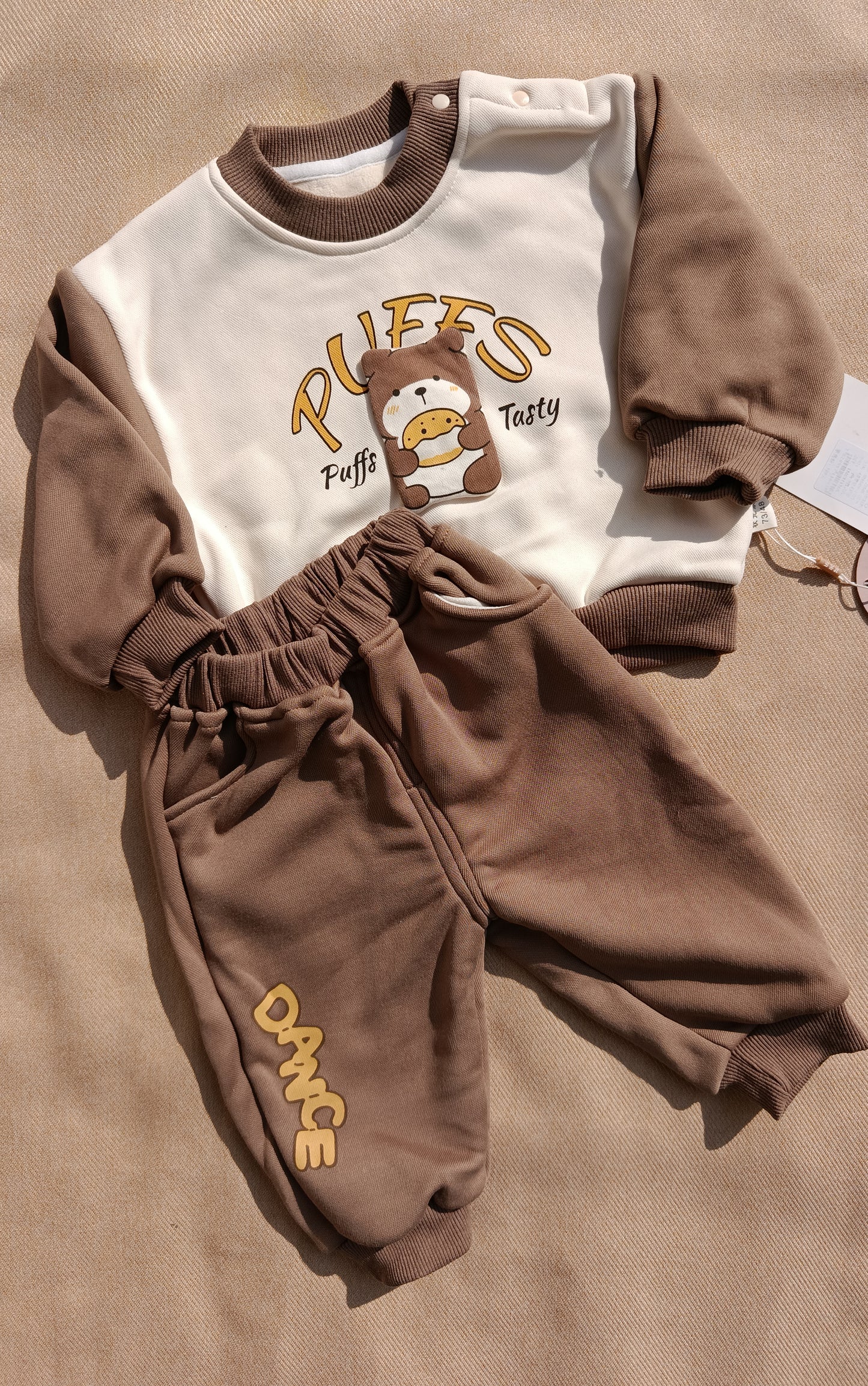Brown & White Bear Puff – 2 Pcs Winter Set (Kids, Trouser & Shirt, Inner Blanket Fleece)