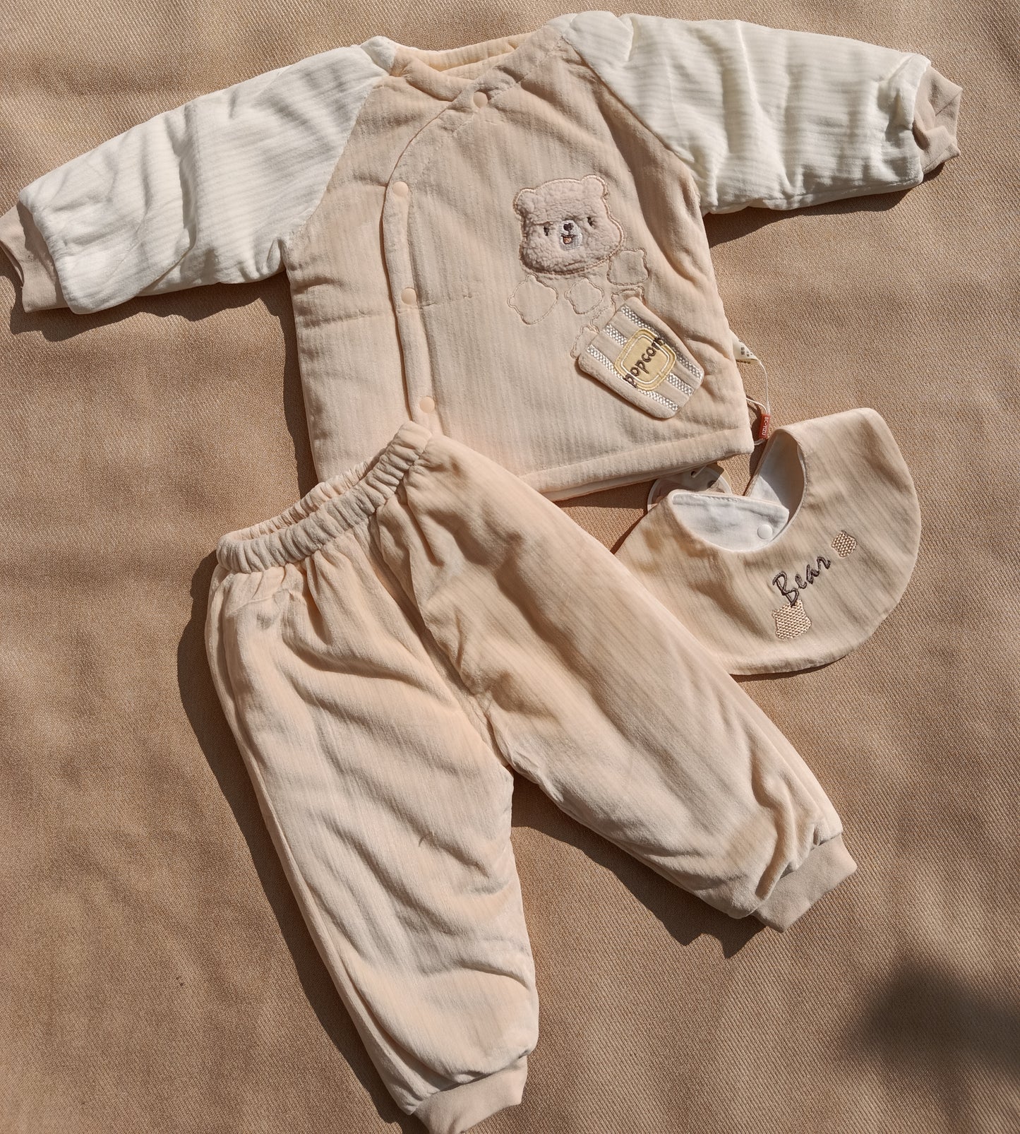 Light Beige Winter Set – Newborn (Trouser, Shirt & Bib)