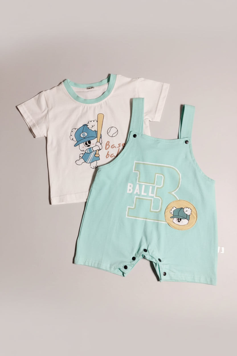 Baseball Bear Overall & Tee Set | Mint Green Shortall Outfit for Babies