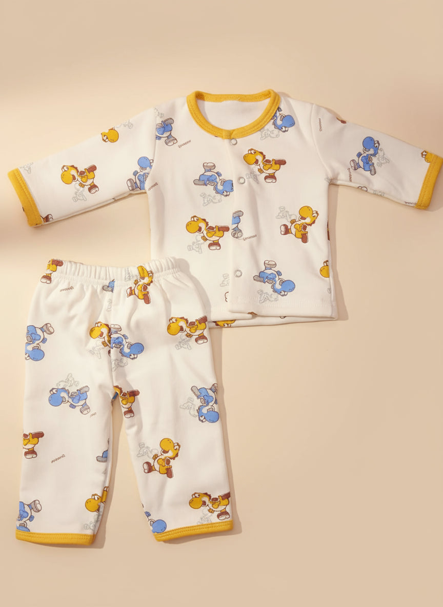 Children's pajama set with cartoon patterns on a plain background