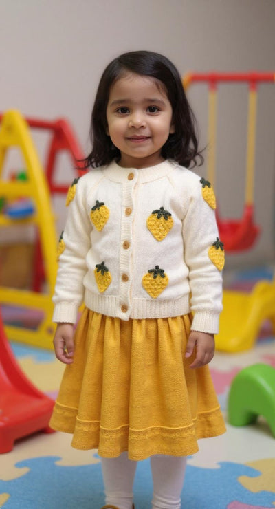Child wearing a white cardigan with pineapple patterns and a yellow dress in a playground setting.