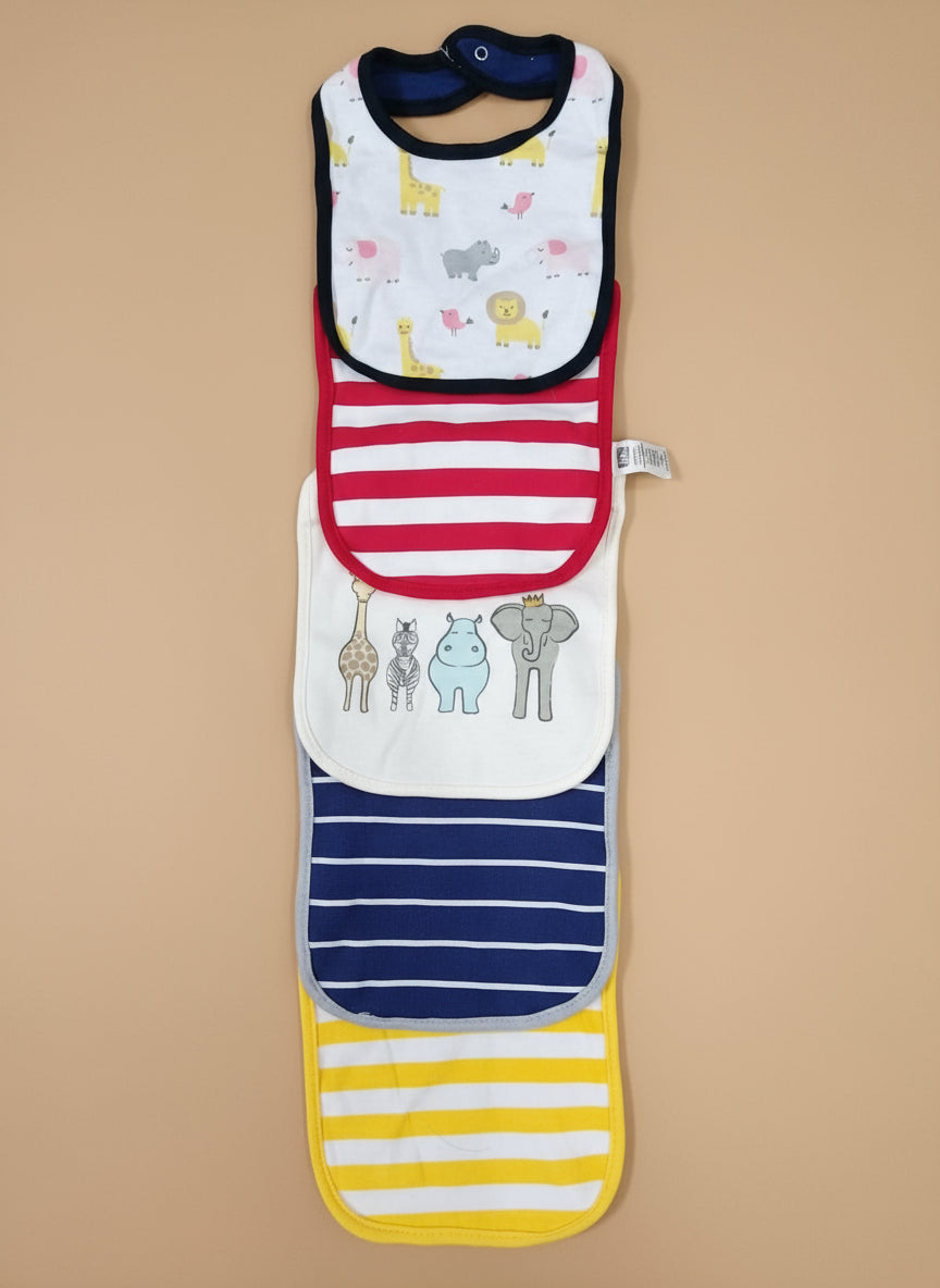 Children's bib with animal prints and colorful stripes on a textured surface