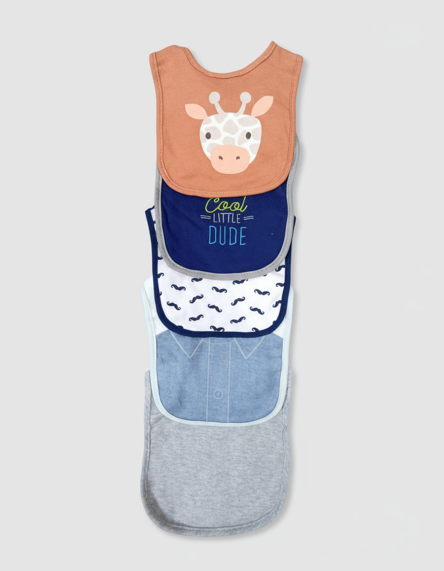 Set of three baby bibs with different designs on a textured gray background