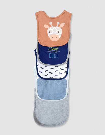 Set of three baby bibs with different designs on a textured gray background