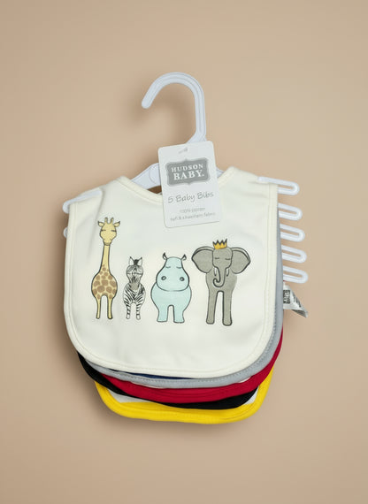 Set of baby bibs with animal illustrations on a hanger, branded 'Hudson Baby'.