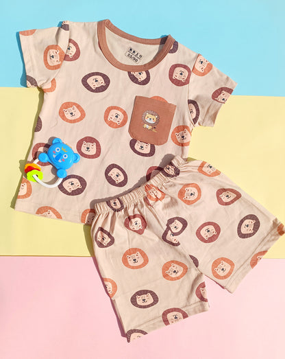 Roaring Fun Lion Pajama Set | Neutral Tee & Shorts Outfit for Toddlers