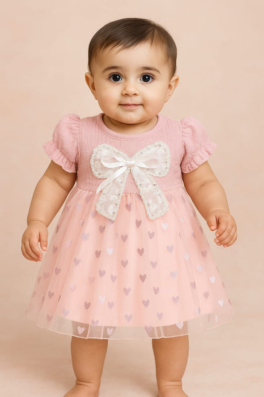 Enchanting Lace Bow Party frock | Pink Heart Tulle Dress for Toddlers