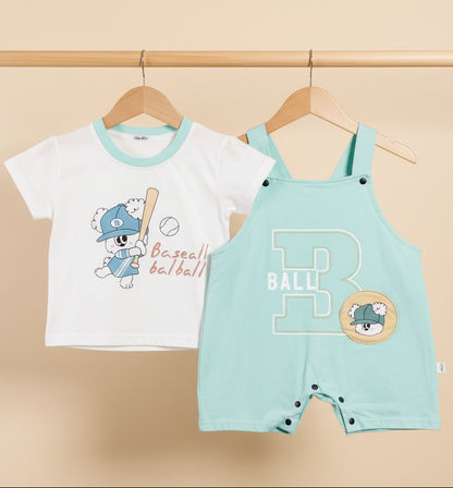 Baseball Bear Overall & Tee Set | Mint Green Shortall Outfit for Babies