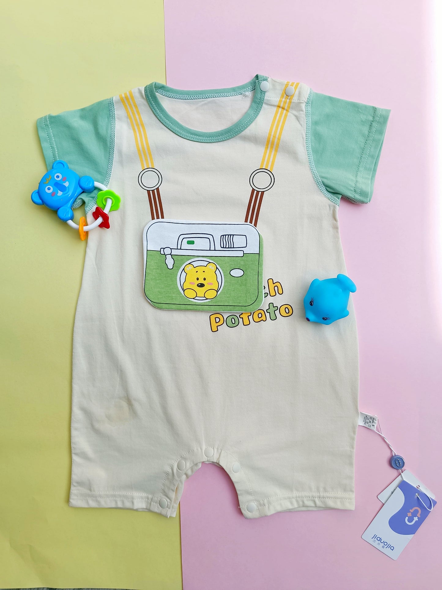 Picture-Perfect "Potato" Bear Baby Romper | Graphic Shortall Outfit