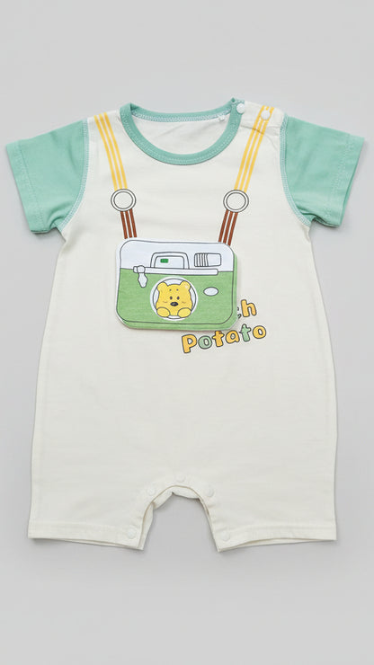 Picture-Perfect "Potato" Bear Baby Romper | Graphic Shortall Outfit green