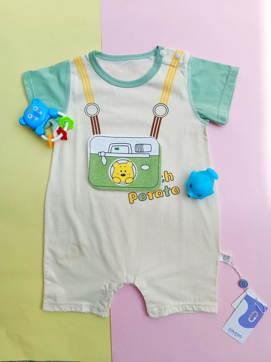 Picture-Perfect "Potato" Bear Baby Romper | Graphic Shortall Outfit
