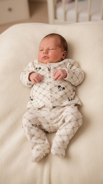 Newborn baby in a patterned onesie lying on a soft surface