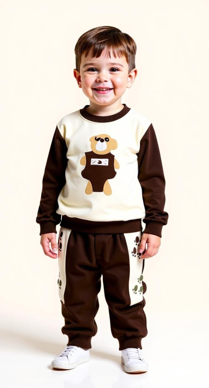Pocket Bear Boys’ Outfit – White & Brown Terry Pre-Winter Set (6M–3.5Y)