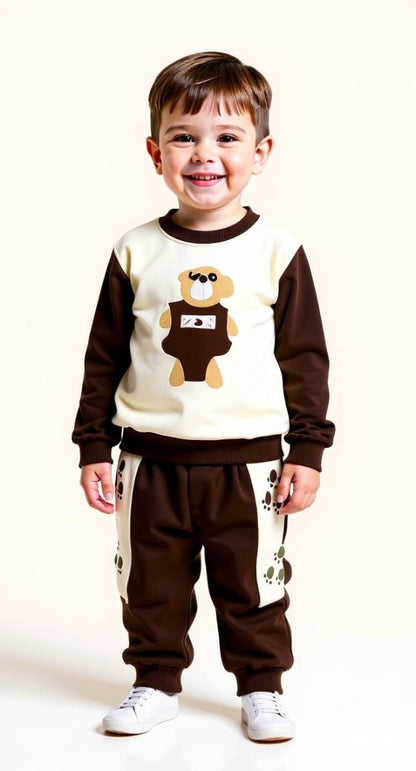 Pocket Bear Boys’ Outfit – White & Brown Terry Pre-Winter Set (6M–3.5Y)