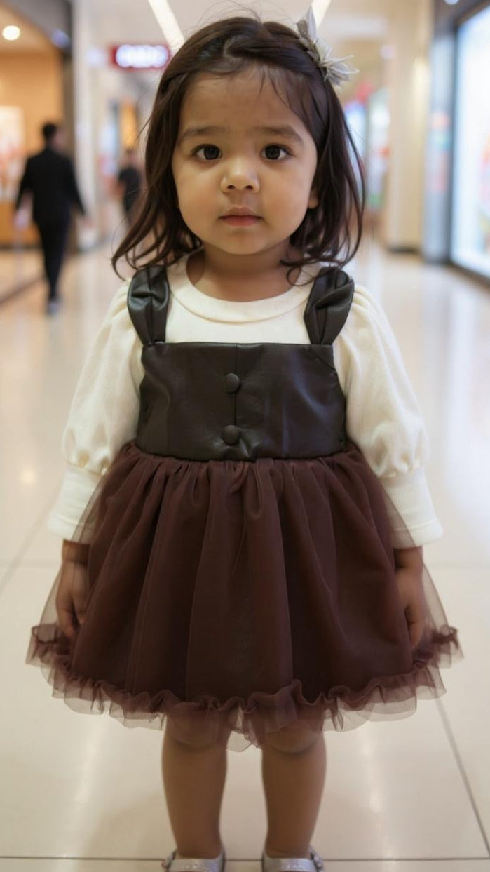 Young girl wearing a brown dress with a white shirt in a mall setting