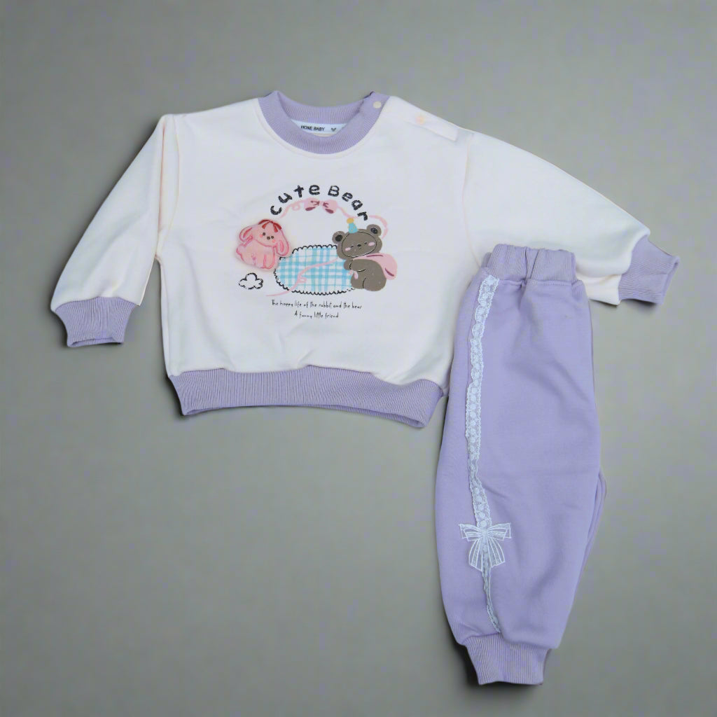 little girl winter trouser shirt in off white and lavender colour 