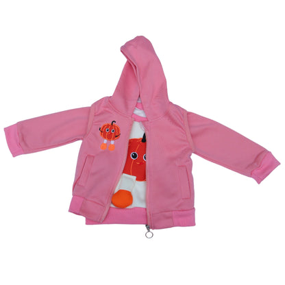 Pink children's outfit with cartoon design on a white background