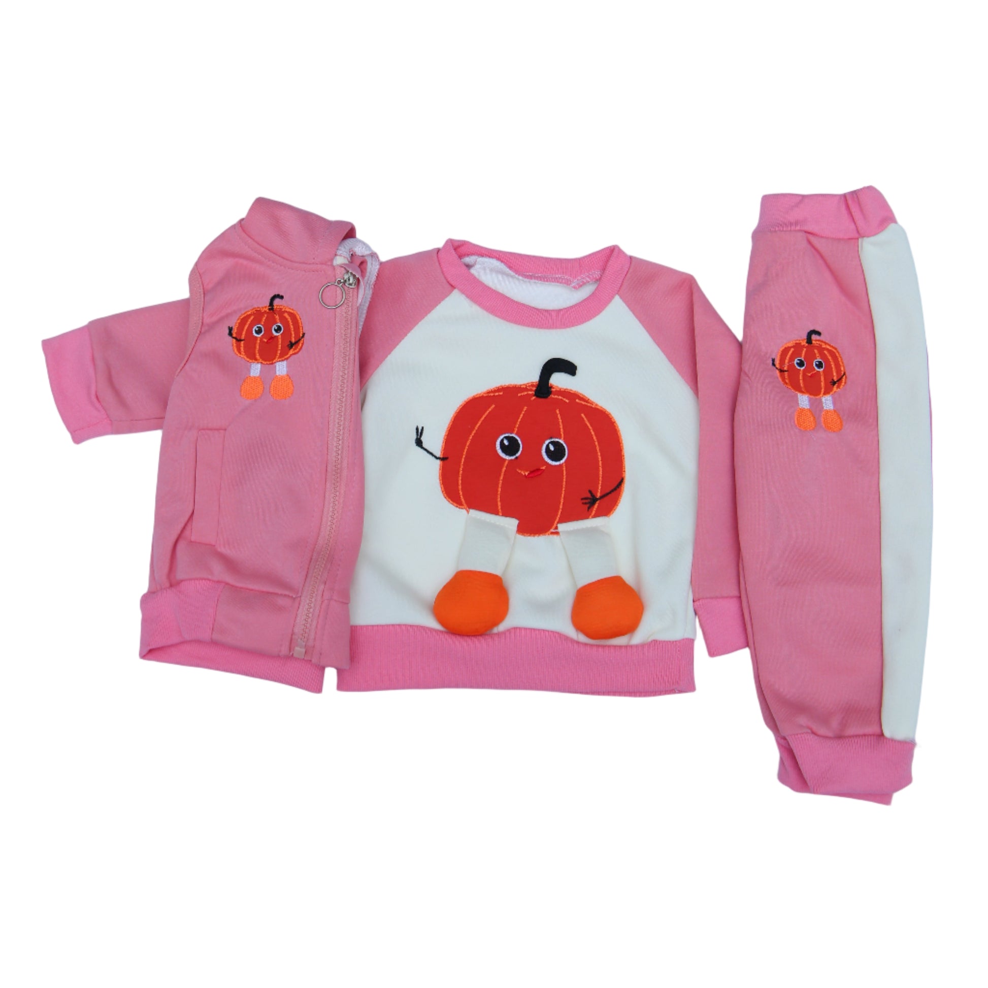 Pink baby outfit with cartoon design on a white background