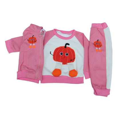 Pink baby outfit with cartoon design on a white background