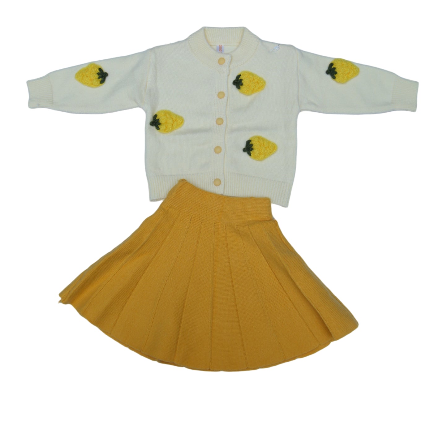 Children's outfit with yellow skirt and white top with lemon designs on a white background