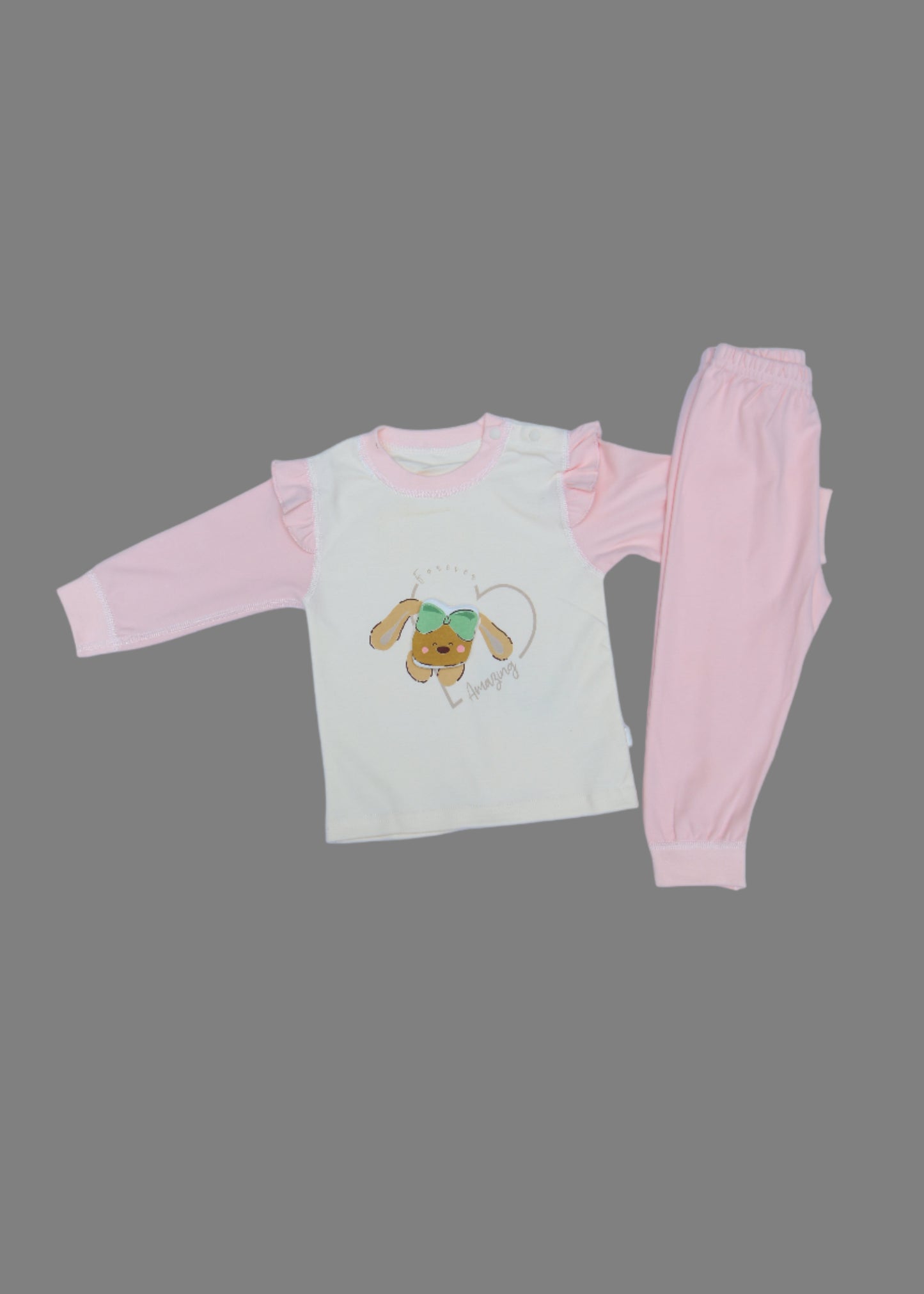 Children's outfit with a cartoon design on a light blue background