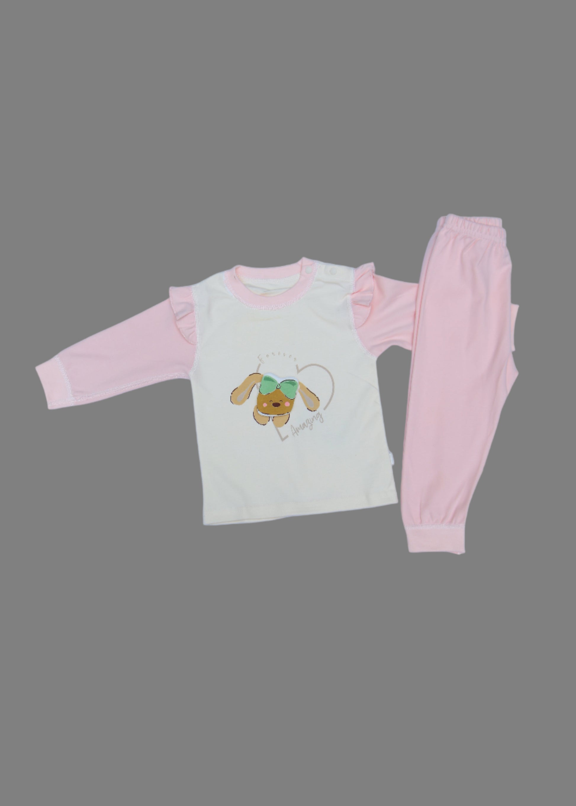 Children's outfit with a cartoon design on a light blue background
