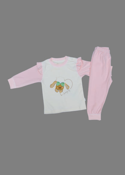Children's outfit with a cartoon design on a light blue background
