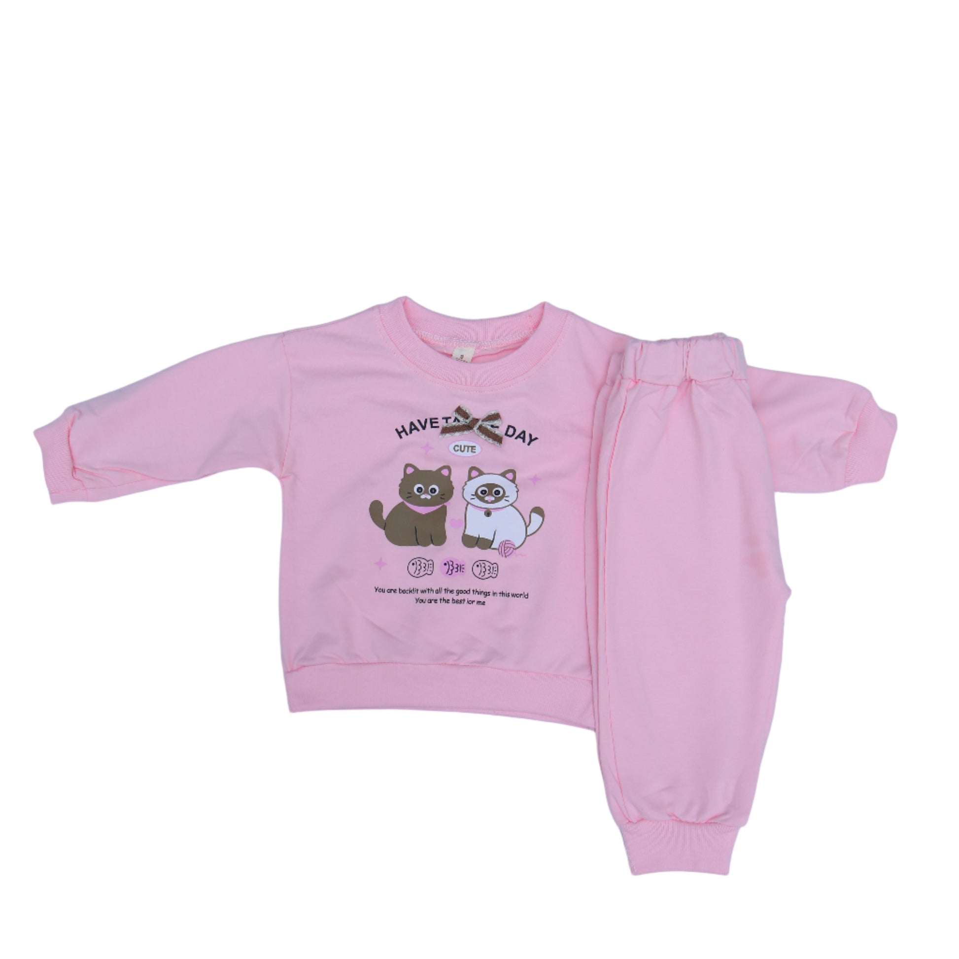 Pink baby outfit with cartoon design on a light blue background