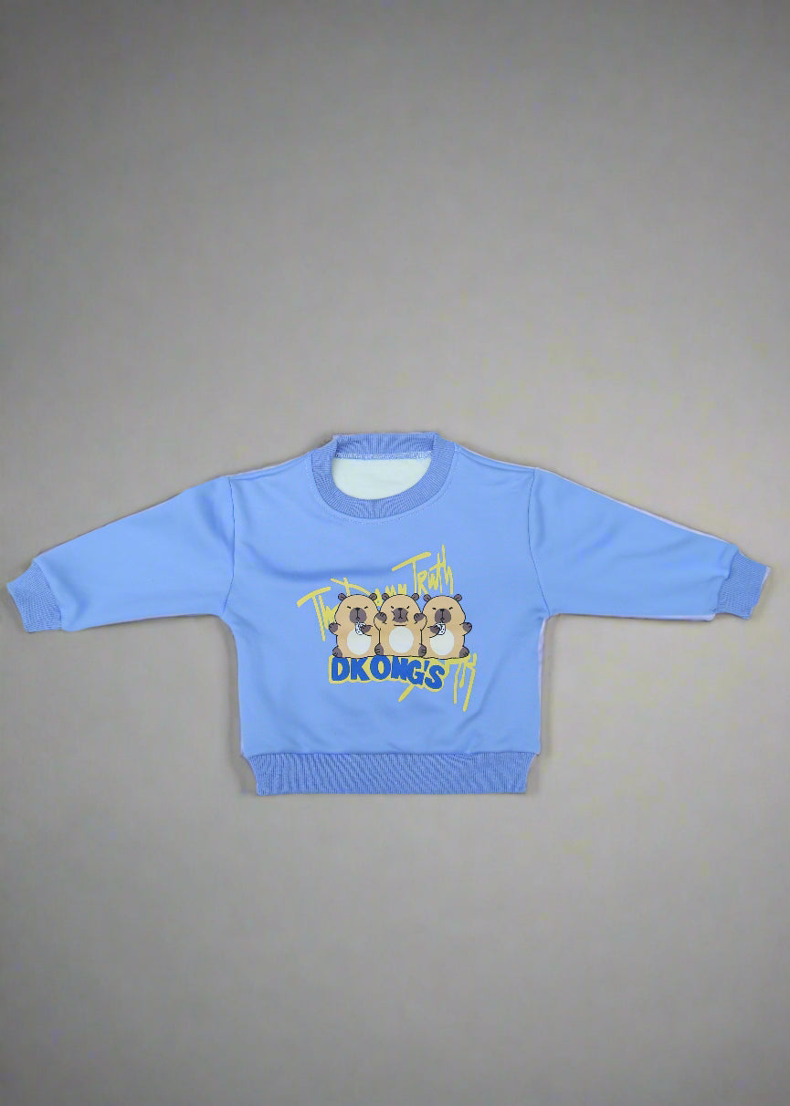 Blue sweatshirt with cartoon design on a light blue background