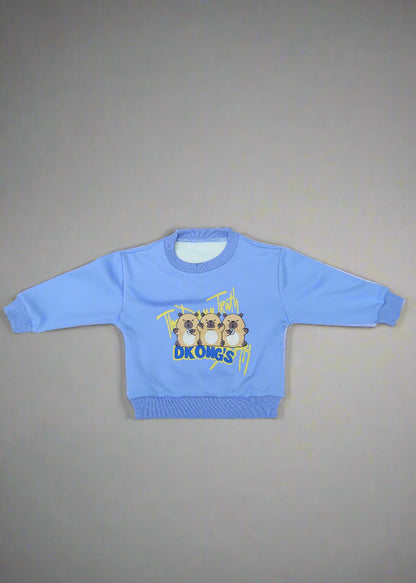 Blue sweatshirt with cartoon design on a light blue background