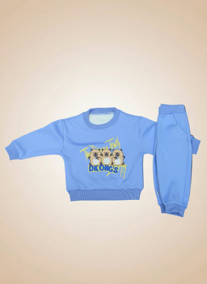 Blue children's outfit with cartoon design on a white background