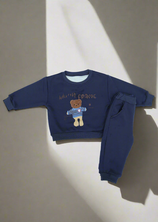 Dark Blue Winter Boys Outfit with Embroidered Teddy