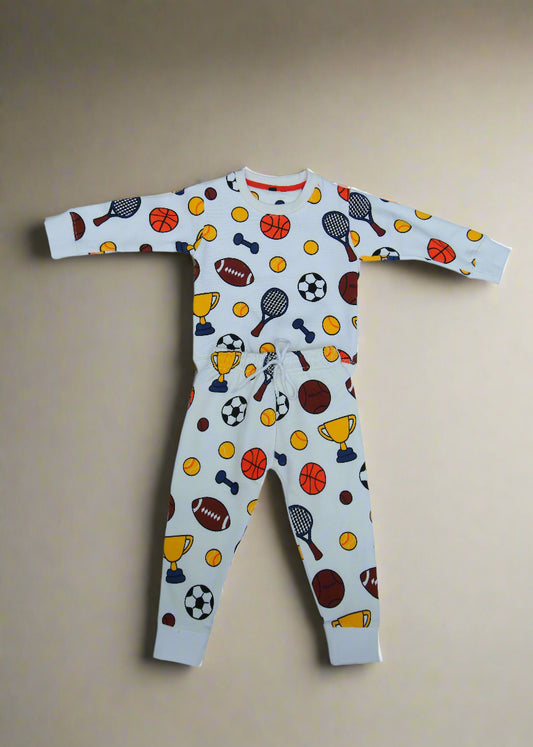 Two fabric patterns with sports-themed designs on a white sheet.