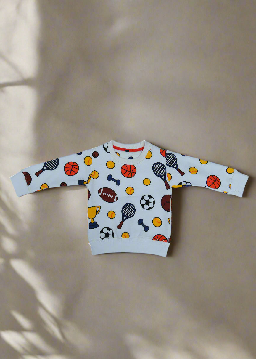 White fabric with sports-themed pattern on a white background