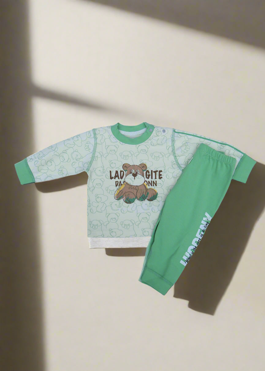 Cuddle Bear Baby Outfit – Green & Off-White