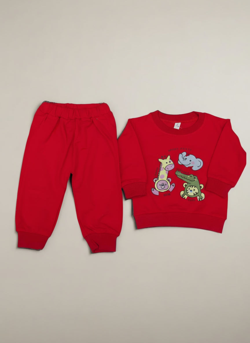 Red baby outfit with cartoon characters on a white background