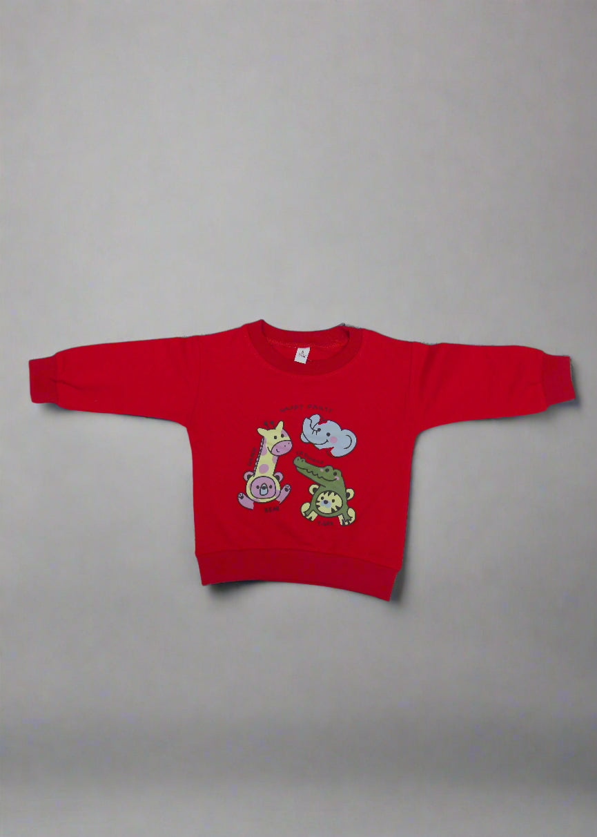 Red sweatshirt with cartoon designs on a light blue background