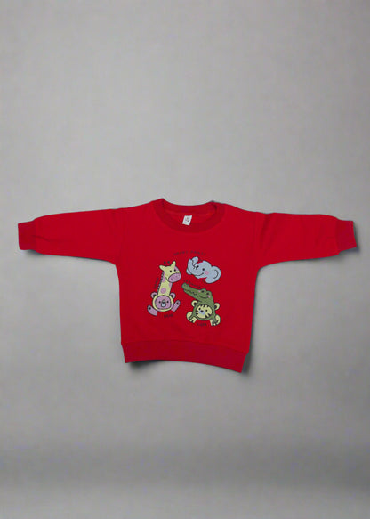 Red sweatshirt with cartoon designs on a light blue background