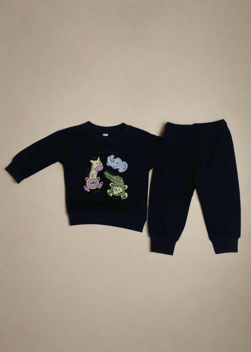 Black children's outfit with colorful designs on a white background