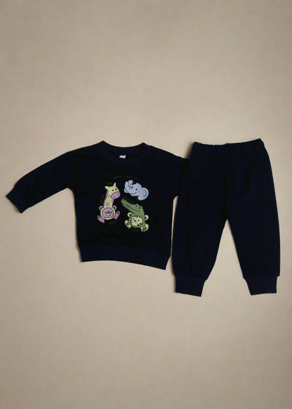 Black children's outfit with colorful designs on a white background