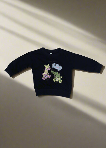 Black sweatshirt with colorful animal designs on a white background