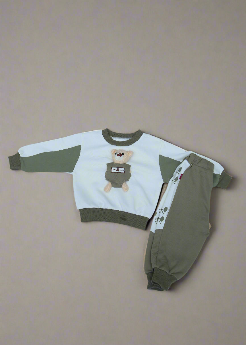 Children's outfit with a long-sleeve shirt and shorts on a white background